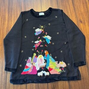 The Quaker Factory Vintage Christmas Nativity Scene Beaded Sweater Size Large